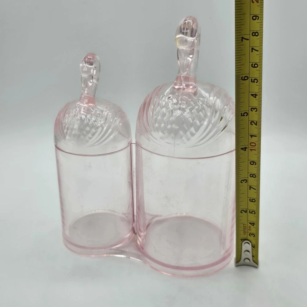 Vintage Rare Flamingo Pink Plastic Cotton Ball and Q Tip Holder Vanity Dresser